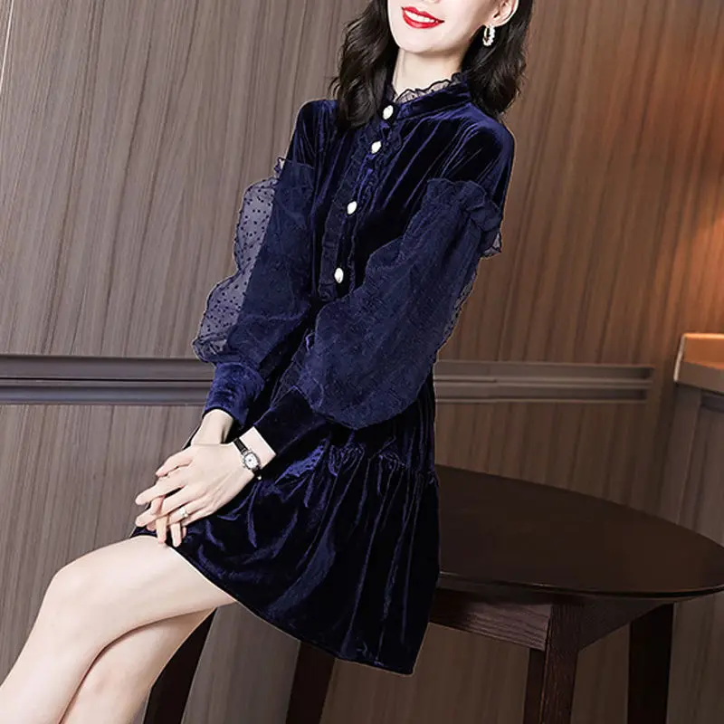 Female dress light luxury lady solid o neck casual thin lotus leaf edge lace mesh bubble sleeve gold velvet A -line dress tops