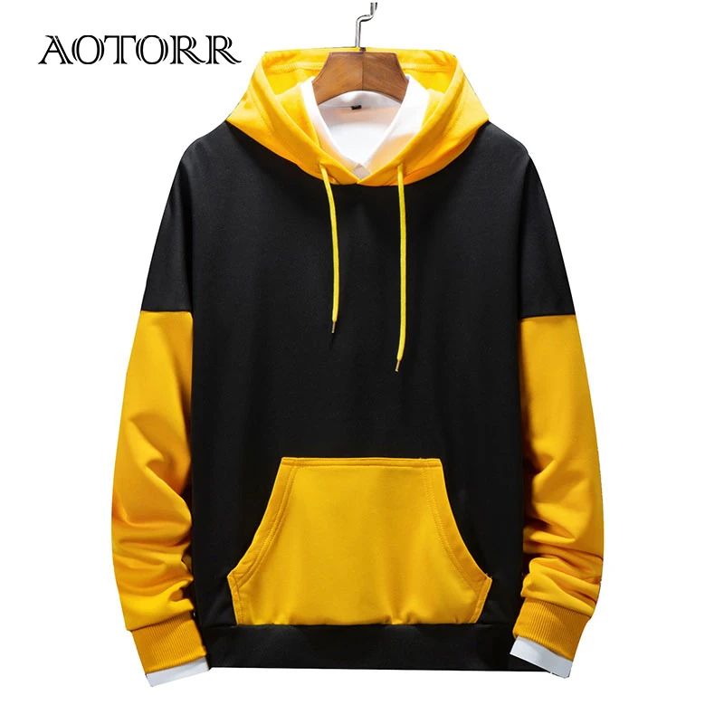 

Patchwork Men's Hoodies New Spring Autumn Casual Hoodies Men Outwear Pullover Sweatshirts Male Hooded Collar Front Pocket Loose