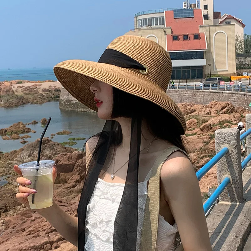 

Retro Dome Big Straw Hat Ladies Sun Hats Travel Holiday Visors Vintage Women Panama Beach Hat Foldable Ribbon Chapeu Feminino
