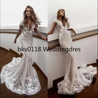 designer mermaid wedding dresses deep v neck sweep train 3d floral applique beading cap sleeve beach bridal dress boho