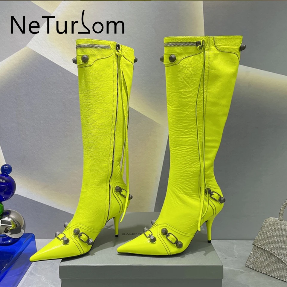 Fluorescent yellow high boots pointy vintage metal rivet strip dance high heel  party Demonia shoes sexy slim fringed knee boots