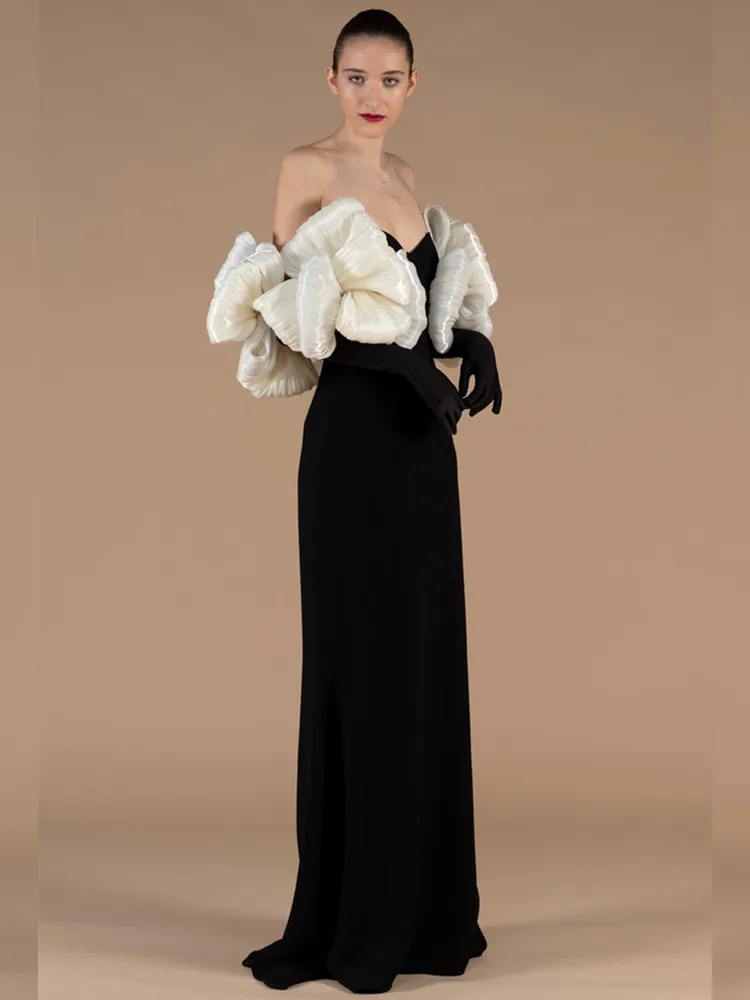 Женское сексуальное лоскутное платье с длинными рукавами и оборками черное