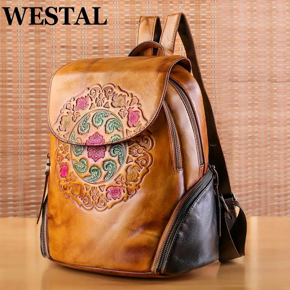 

WESTAL Retro Embossed Floral Backpack For Women Gennuien Leather School Bag Back Business Travel Shool Ladies Luxury Handbags