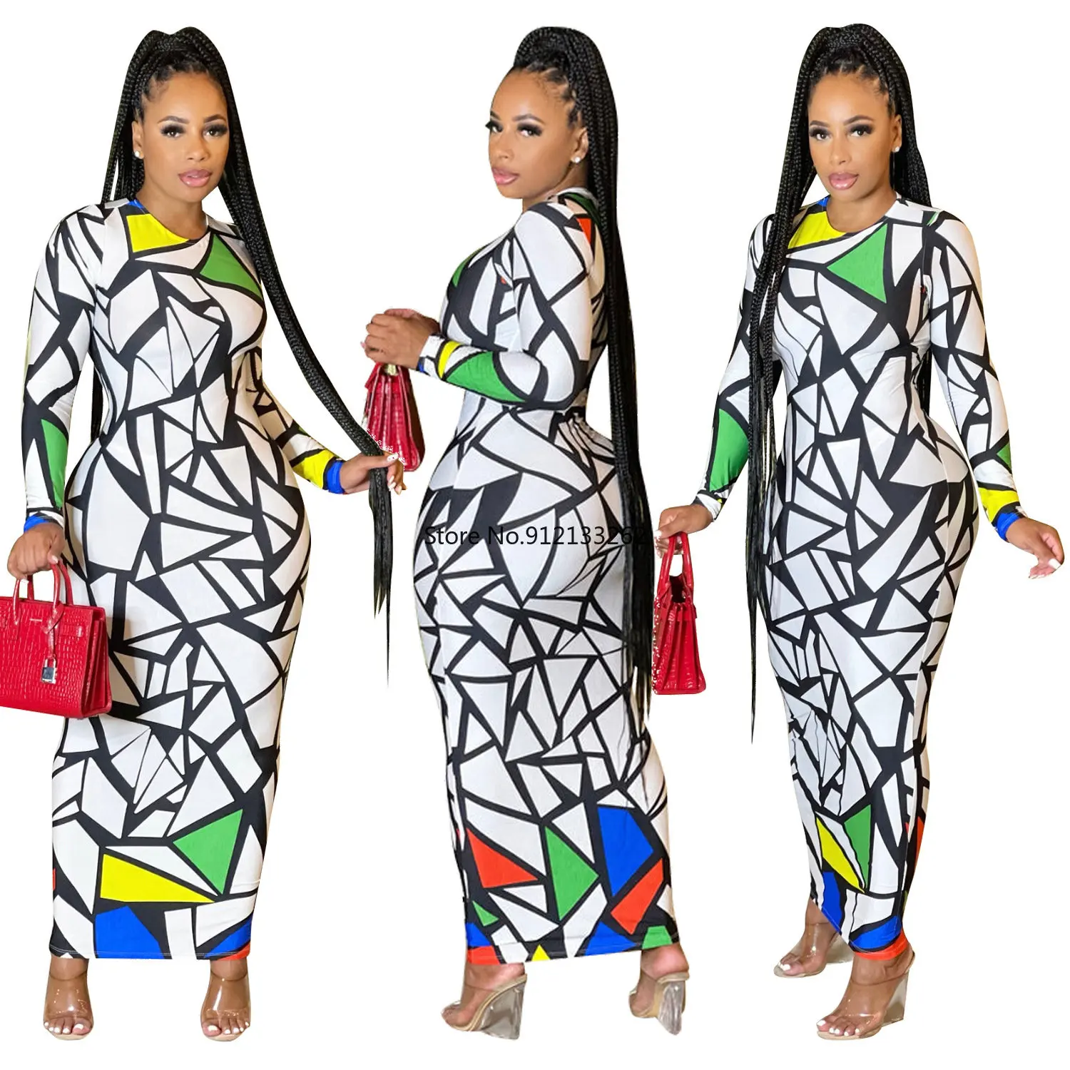 

Африканские платья для женщин, весна-осень, африканские женские длинные платья с длинным рукавом, круглым вырезом и принтом, платье макси, а...