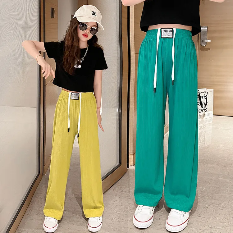 

Kids Girls Soft Comfort Pants High Waist Casual Summer Slacks Pants Girls Ice Silk Ankle-Length Long Trousers Female Slacks