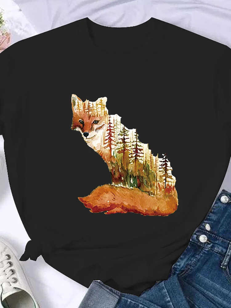 

Black Cool Lady Women Cartoon Graphic Fox Floral Fashion Casual Vintage Tees Print Tops Clothing Female TShirt Womens T-Shirt