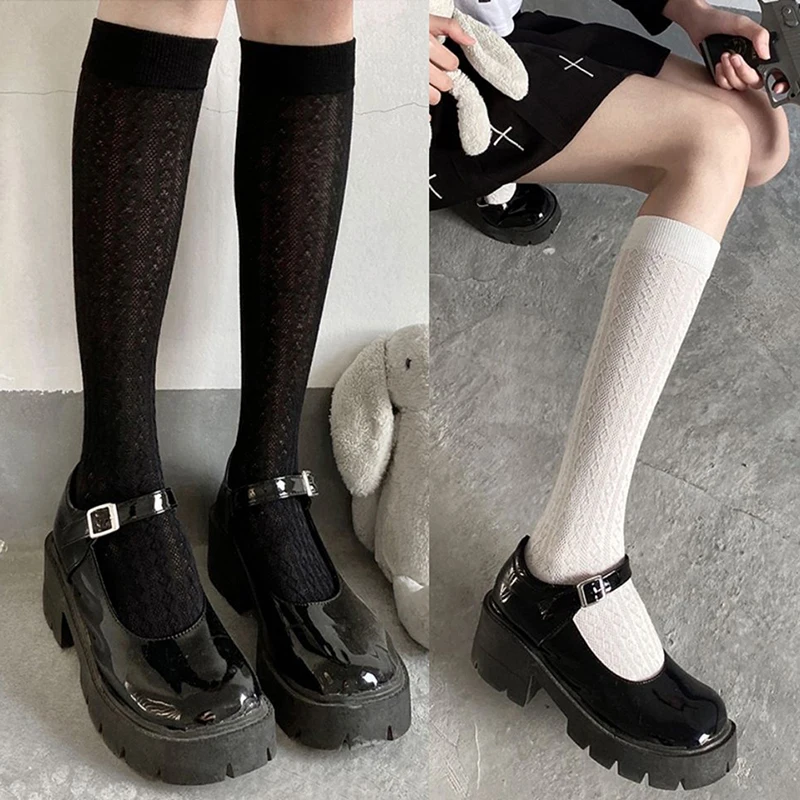 

Носки женские длинные в японском стиле, тонкие однотонные черные, белые, для учеников Старшей школы, костюмы JK, гольфы до колена для девушек