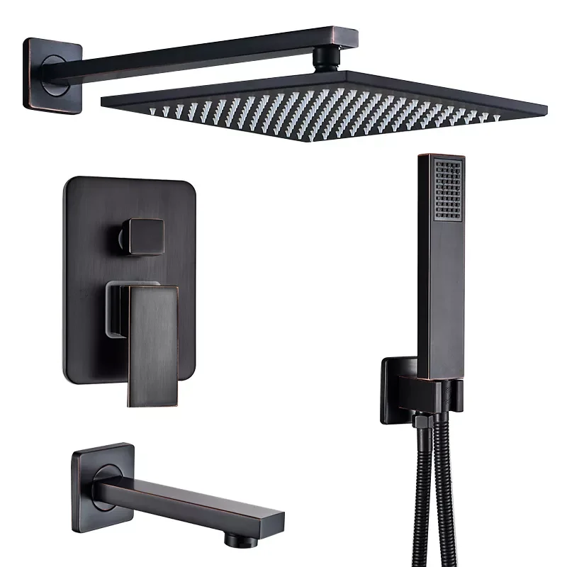 

RU Shipping Black Concealed Shower Faucets Set 12" Brass Rainfall Shower Head Single Handle Mixer Tap Bathroom Shower