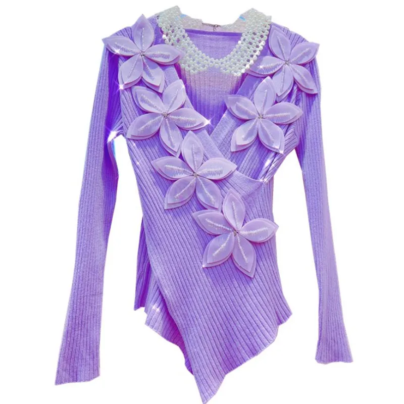 

Three-Dimensional Flower V-neck knitted sweater Women Spring Autumn Slim Fit Long Sleeve Knitwear Top f99