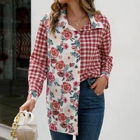womens elegant blouses printed plaid stitched shirt casual loose single breasted shirt top fashion woman blouses 2022
