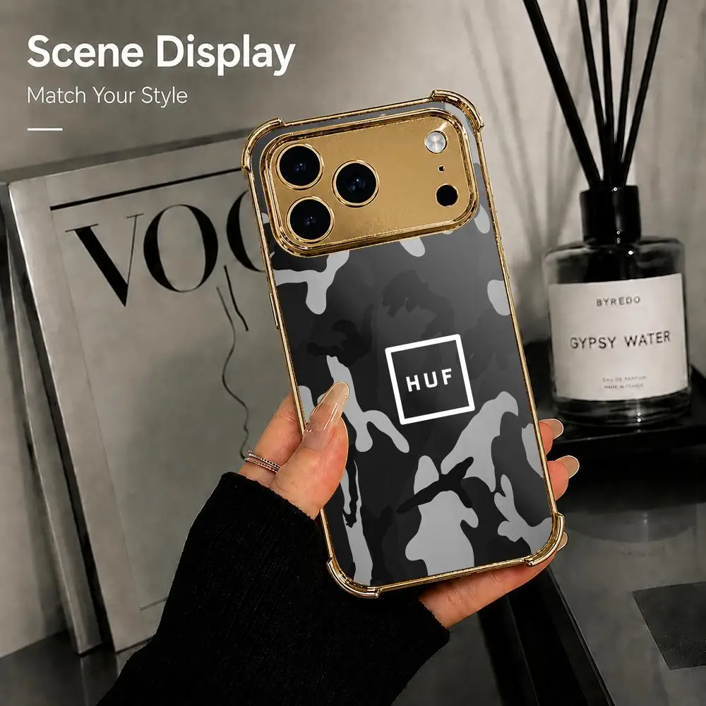 Фото Чехол для телефона Fashion Brand H-HUFs для iPhone 17 16 15 14 13 12 Pro Max Plus с гальванизированным металлическим каркасом и защитными уголками. №5