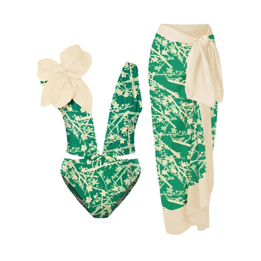 

Deep V White Floral Print One Piece Swimsuit Sexy Hollow Out Beachwear Green Vintage Style Push Up BIkini Backless Monokini