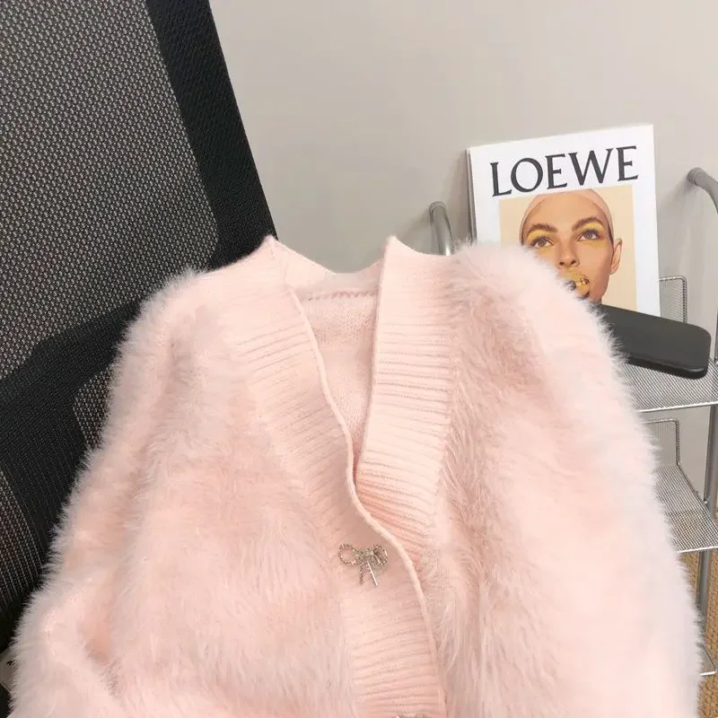 Вязаный кардиган свитер розовый норковый пальто женский осенний утолщенный