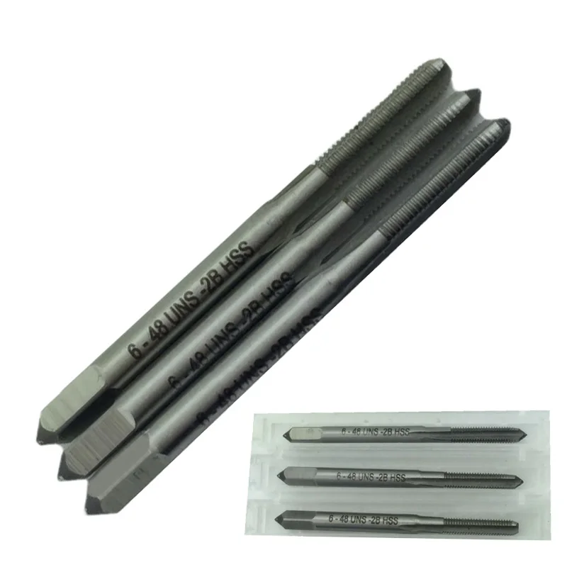 

3 Pcs Taps 6-48 UNS 3 Flute HSS Tap Kit High Speed Steel Taper Plug Bottom Cone Metalworking Tool Professional Hand Tools