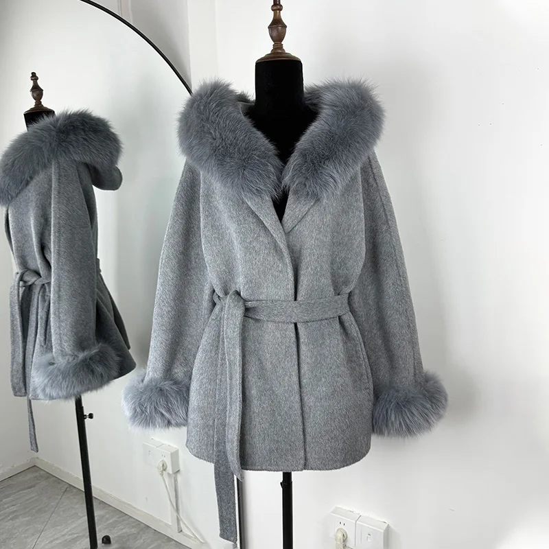 Фото TARUXY модное двустороннее шерстяное пальто с меховым воротником, женская роскошная куртка с длинными рукавами и завязками на пуговицах, новое зимнее пальто для поездок на работу №5