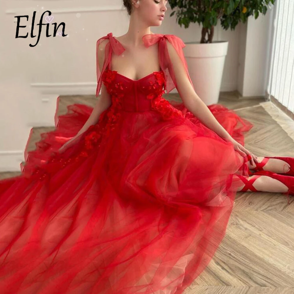 

Красные трапециевидные платья Elfin для выпускного вечера длиной до щиколотки на бретелях вечерние платья с 3D цветами для выпускного вечера
