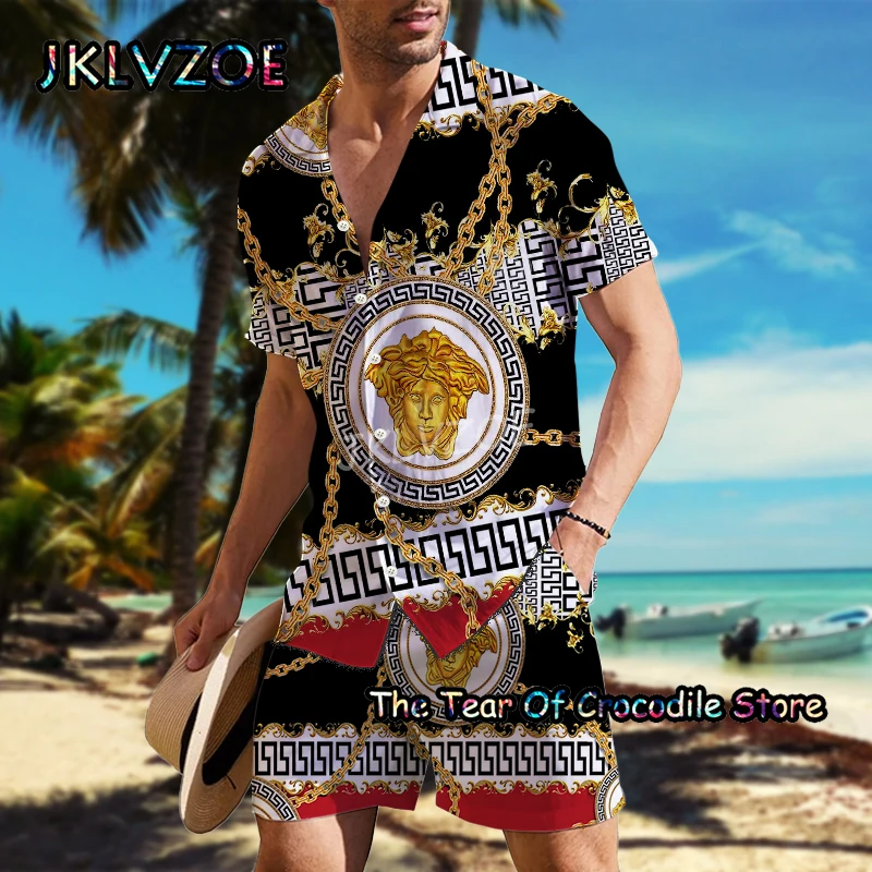 Luxurious Men Shirt Set Fashion Brand Short Sleeve Casual Print Design Turn-down Buttoned Top Quality Summer Tee 2 Piece Clothes