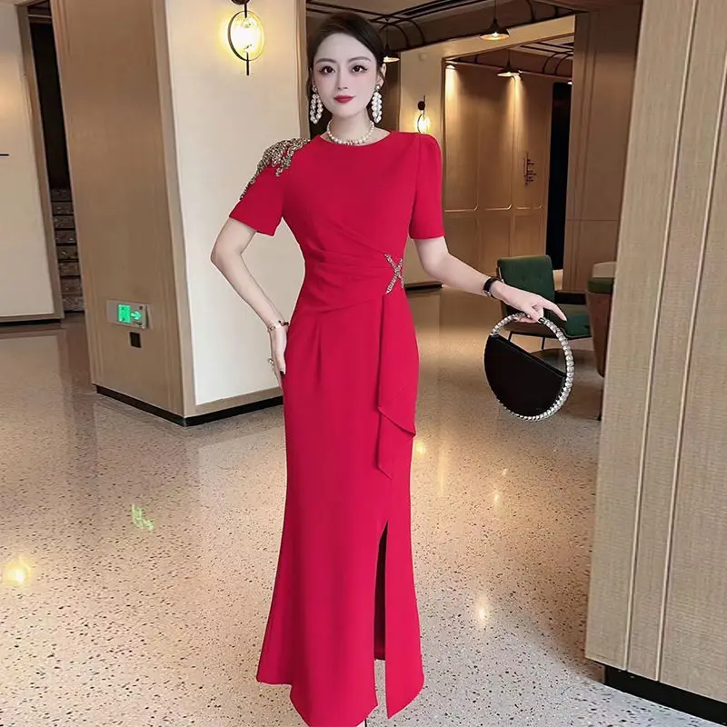 Frilled Bandage Dress Red Summer High-end Big Brand Light Luxury Temperament Elegant High-end Beaded Long Skirt Dress Female