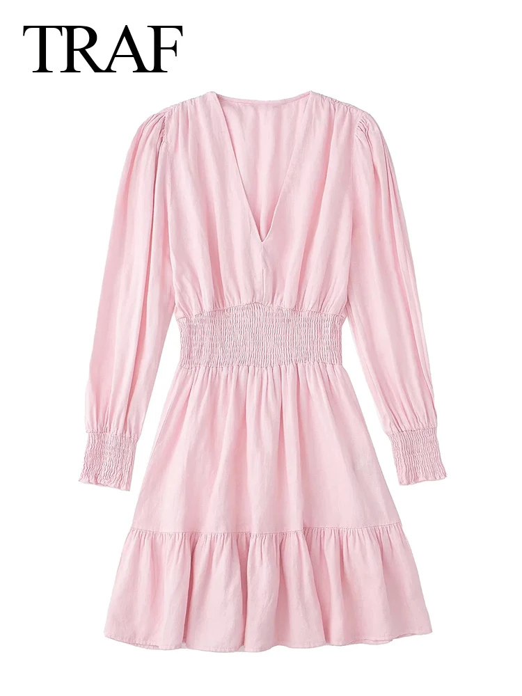 

TRAF Pink Elegant Cute Short Ladies Dress Solid Color Cotton Comfortable V-Neck Pullover Long Sleeve Elastic Women's Dress