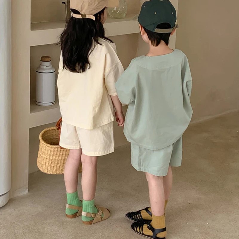 Freely Move 2 Pcs Boys Girls Clothing Sets Summer Fashion Baby Girls Clothes Cotton Solid Half Sleeve Kids Children Suits