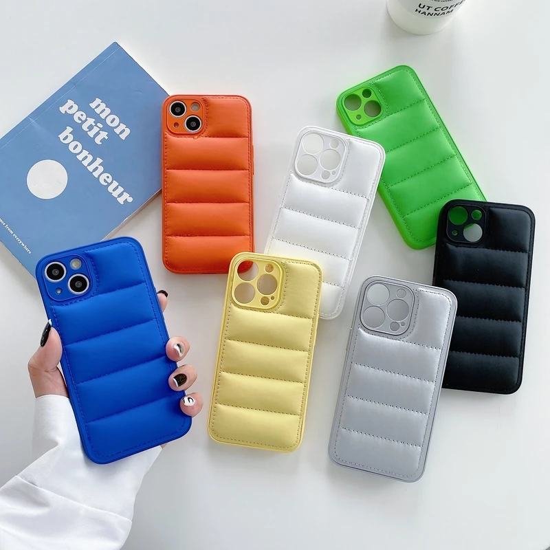 

Luxury Leather Down Jacket The Puffer Phone Case For iPhone 13 12 11 Pro Xs Max X Xr 7 8 Puls SE Candy Color Shockproof Cover