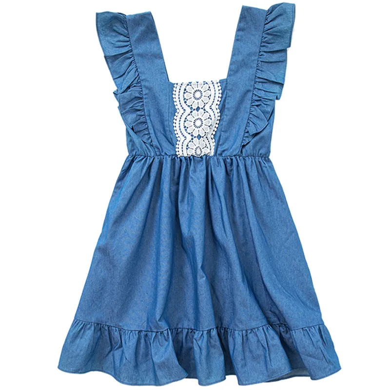

kids girls summer cotton blue jeans ruffle flare dress 4 to 16 years teen girls fashion denim lace square collar dresses clothes