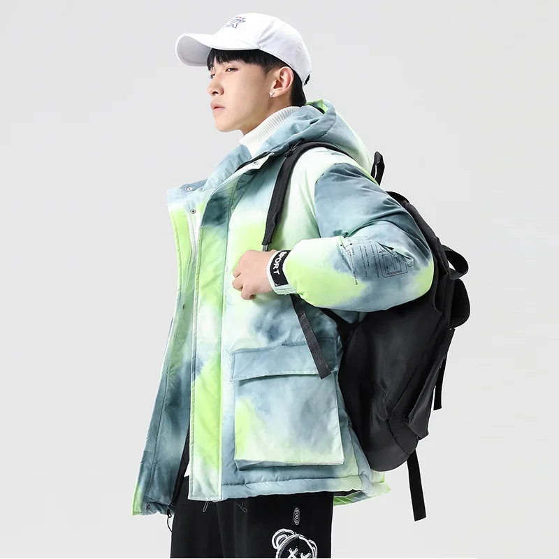 2022 Tie Dye Down Winter Coats Men Japanese Fashion Loose Thick Workwear Warm Coat Gradient Color Hooded Jackets couple clothes
