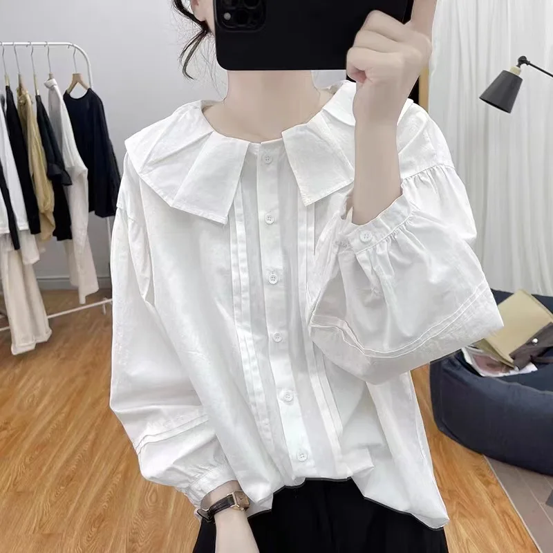 

SuperAen кукольный воротник хлопковая свободные с рукавами в форме фонаря рубашка с длинным рукавом Женская 2023 Осенняя Корейская рубашка