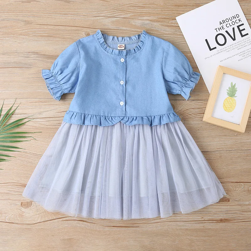 

2022 Summer New Fashion Comfortable Dress Blue Mesh Skirt for Small and Medium Girls Luxury Teenage Girls Clothing Boutique