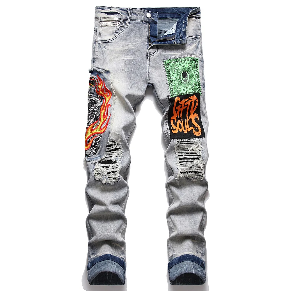 

Rock punk style design Men Skull Flame Embroidery Jeans Streetwear Paisley Print Stretch Denim Pants Ripped Slim Trousers jeans