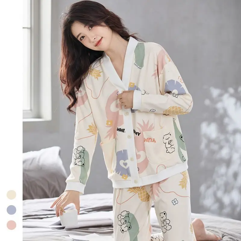 Lightweight Cotton Women Pajama Sets Open Front Night Wears for Women In Spring and Autumn Comfortable Loose Fit Loungewear Suit