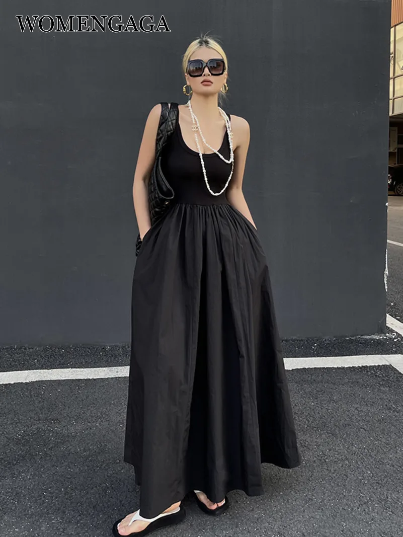 

Платье-Макси женское летнее составного кроя с высокой талией и круглым вырезом