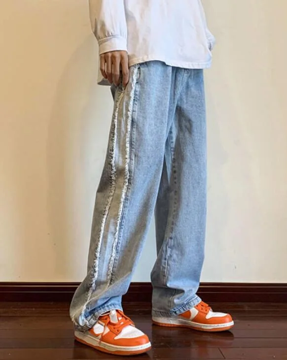 Men Jeans European American High Street Raw Edge Loose Jeans Men's Hip Hop Straight Wide Leg Casual Trousers