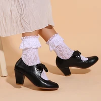 zookerlin black round toe lace up mary jane womens sandals pu leather thick high heels spring hollow women pumps dress shoes