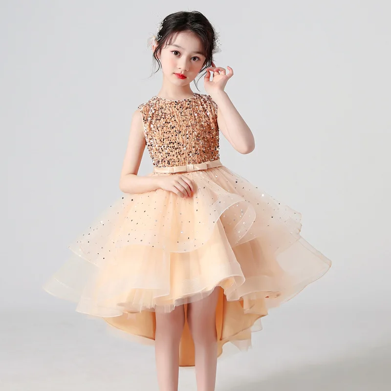

Champagne Child Girls Sequin Evening Dress Summer Clothing 4-12Y Kids Formal Birthday Party Dresses Prom Fluffy Tulle Tutu Gown