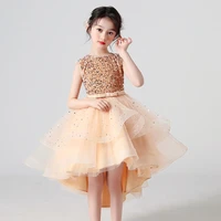 champagne child girls sequin evening dress summer clothing 4 12y kids formal birthday party dresses prom fluffy tulle tutu gown