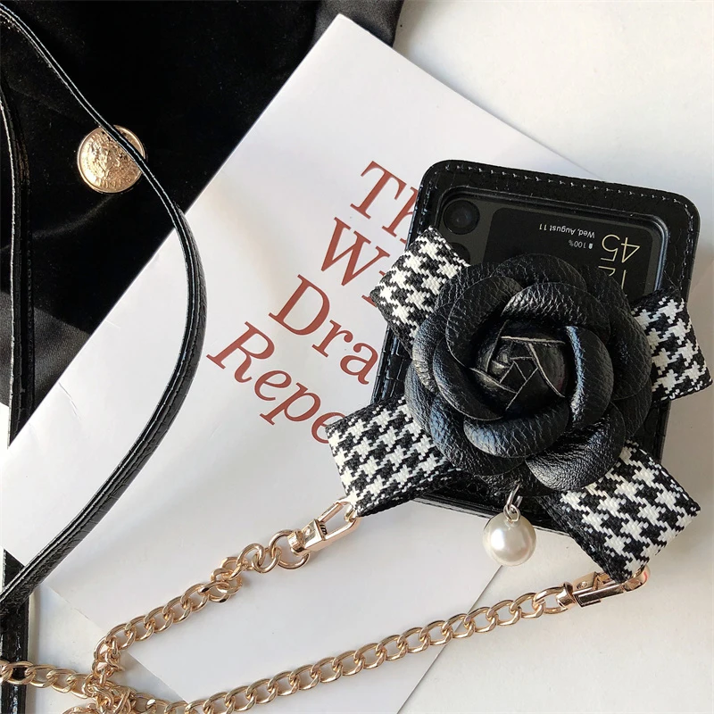 luxury 3d camellia pu leather alligator pattern phone case for samsung galaxy z flip 3 5g checked bowknot crossbody strap cover free global shipping
