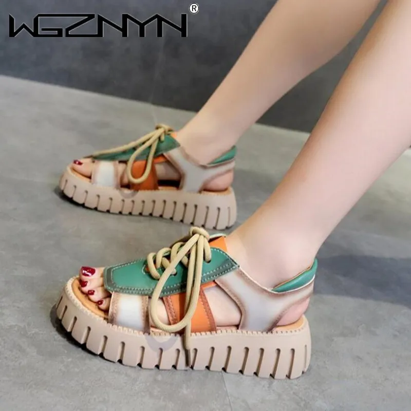 

Женские босоножки с открытым носом, сандалии из искусственной кожи на платформе, на шнуровке, обувь в римском стиле премиум-класса, 2022