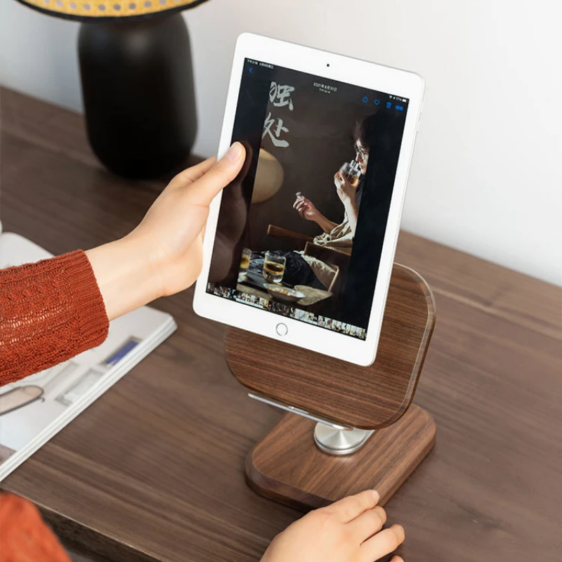 360 ° Вращающаяся подставка для телефона и планшета из черного ореха регулируемый