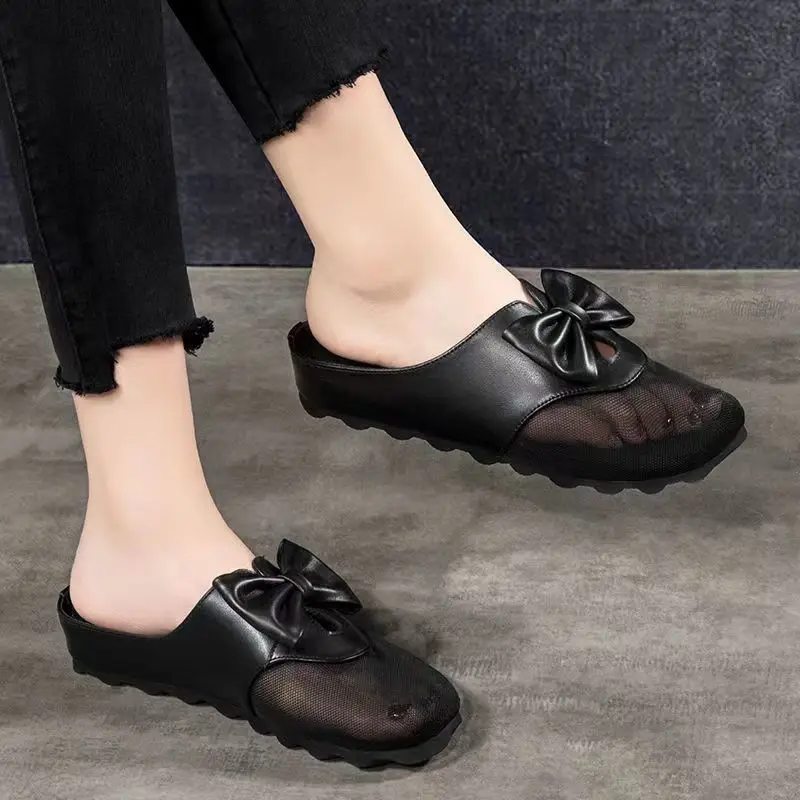 

Women Slippers Real Soft Leather Mesh Summer Outdoors Slippers New Bow Flat Bottom Soft Bottom Non-slip Women Flat Slippers