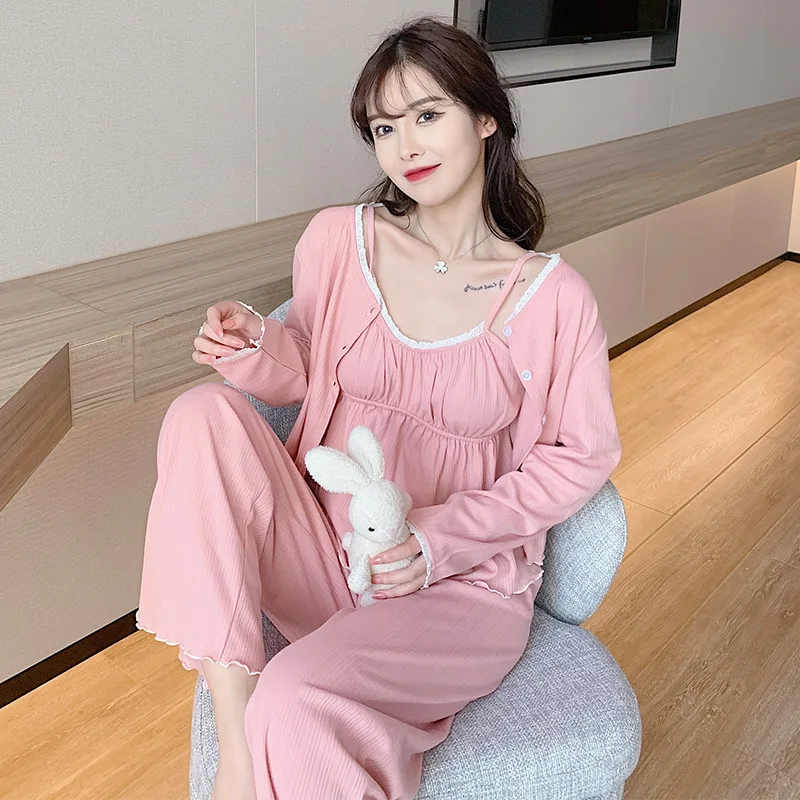 

Spring Autumn New Cotton Sexy Three Piece Suit Women Long Sleeve Soft Comfortable Loungewear Nightclothes Lady Loose Pajamas Set