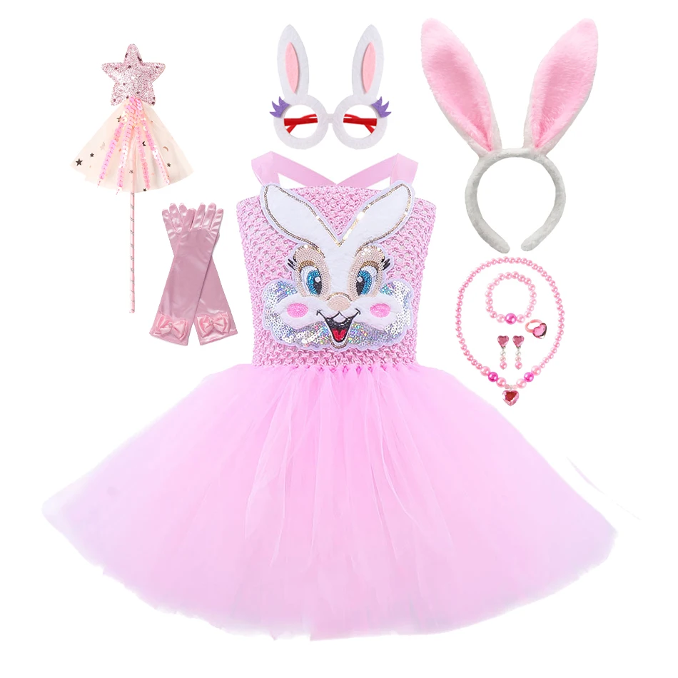 Pink Sequins Bunny Girl Cosplay Costume Toddler Kids Cartoon Rabbit Tutu Dress Outfits Baby Girls Birthday Party Easter Clothing
