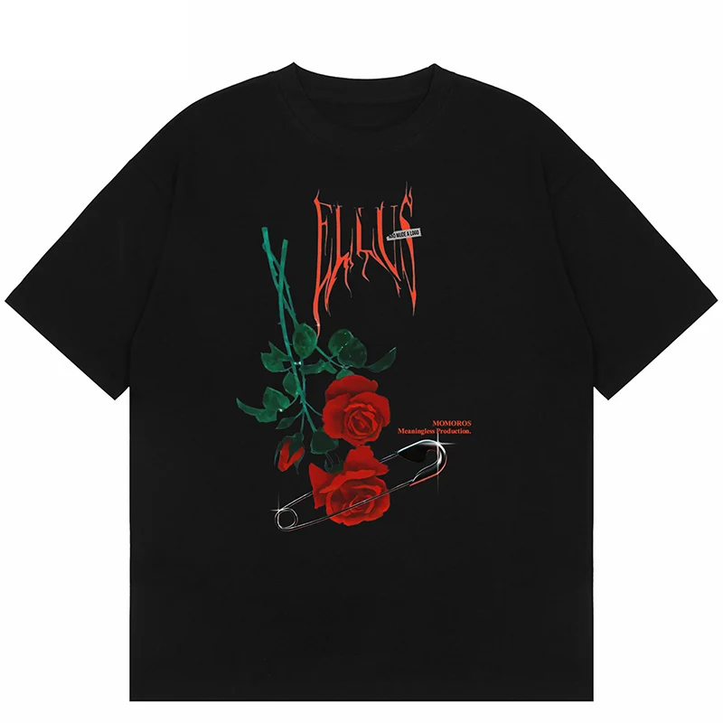 

Hip Hop Streetwear Tops Harajuku T-Shirt Rose Clip Printed T Shirt Men Cotton Casual Tshirt Summer Short Sleeve Tops Tees Black