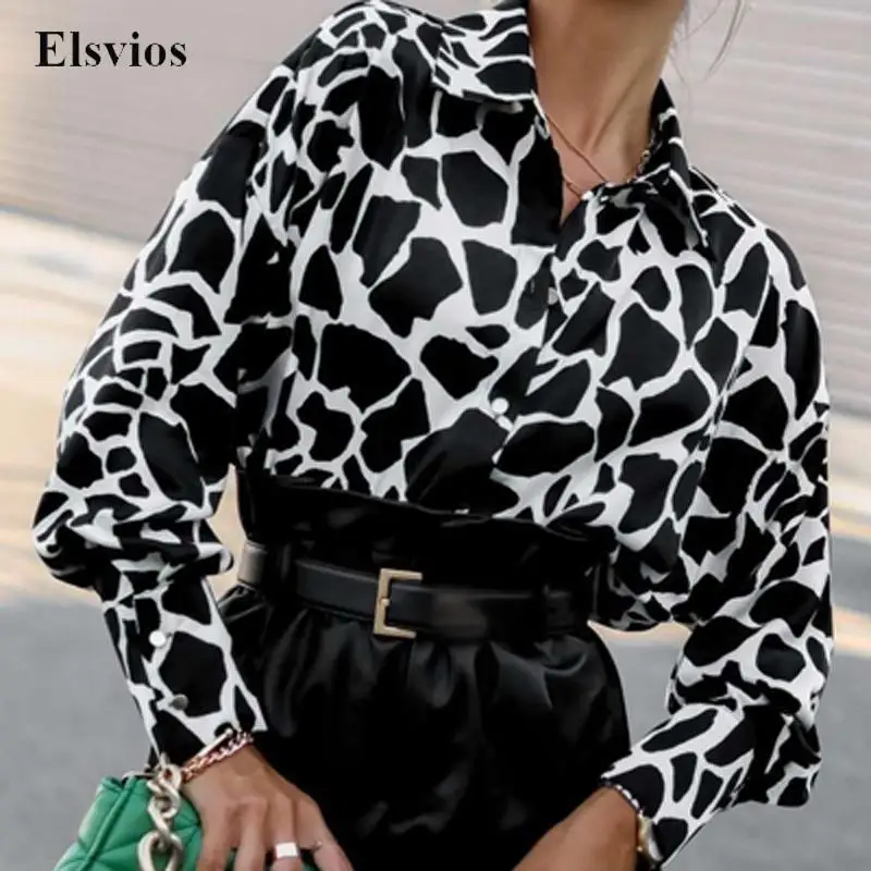 

Женские Элегантные рубашки с длинным рукавом, блузы, модная однобортная черная леопардовая блузка на весну и осень, Офисная Женская блузка с лацканами, топы