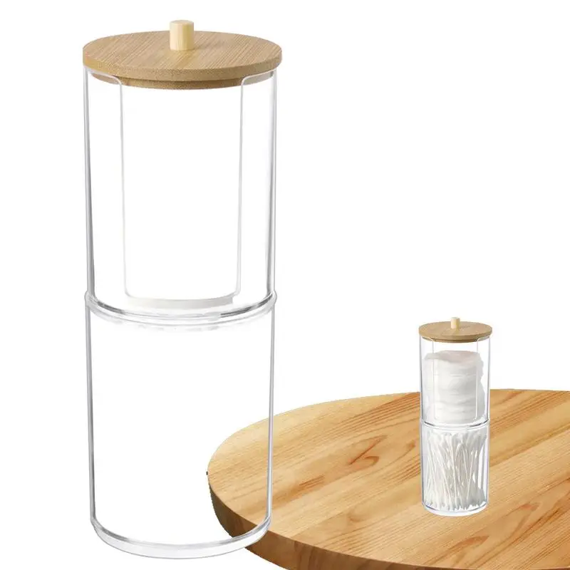 

Bathroom Organizer Cosmetic Storage Box Cotton Ball Makeup Holder Storage Jar Pen Holder With Bamboo Spacious Cover Dustproof
