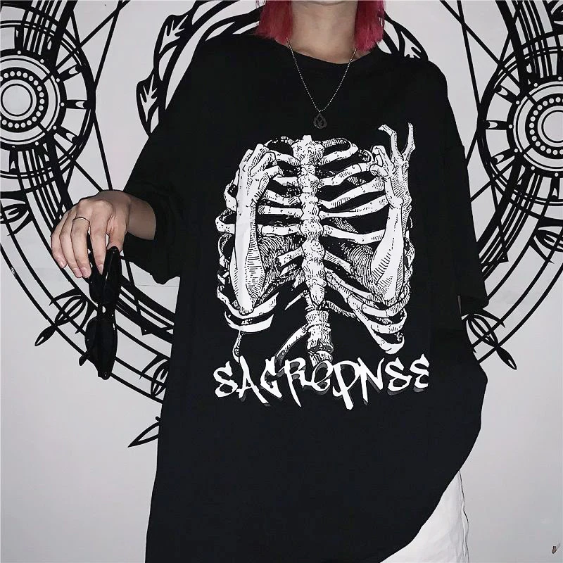 

Women T-shirt Female Goth Y2k Harajuku Retro Print Skull Bone Loose T-shirts with Short Sleeve Anime Graphic Tee Shirt Tops