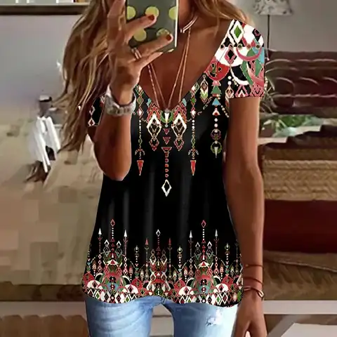 Summer Women's T-shirt Fashion V-neck Short-sleeved Tees New Retro Floral Print Women's Oversized Pullover Tops Tshirts Clothing