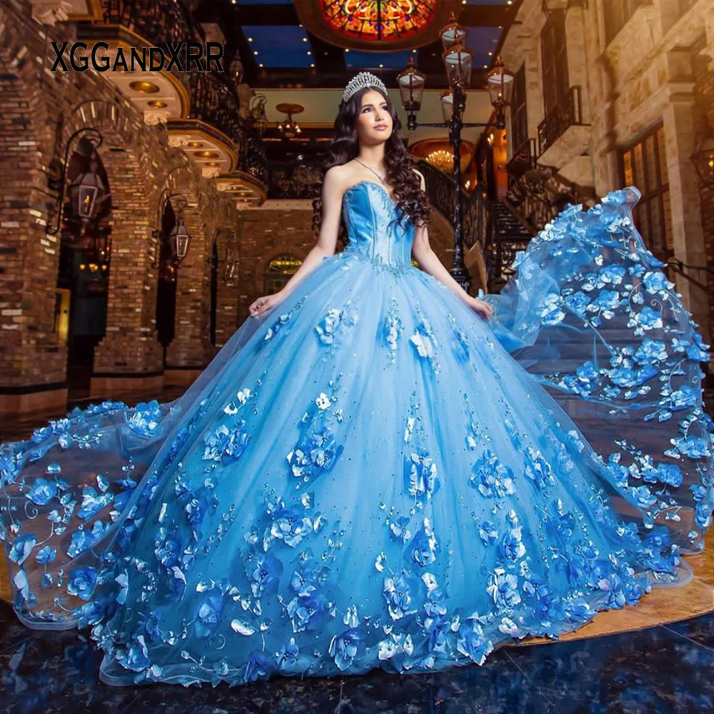 

Sky Blue Quinceanera Dresses 2023 Sweetheart Backless Flower Ball Gown Prom Party Formal Pearls Yellow Long Sweet 15 16 Birthday