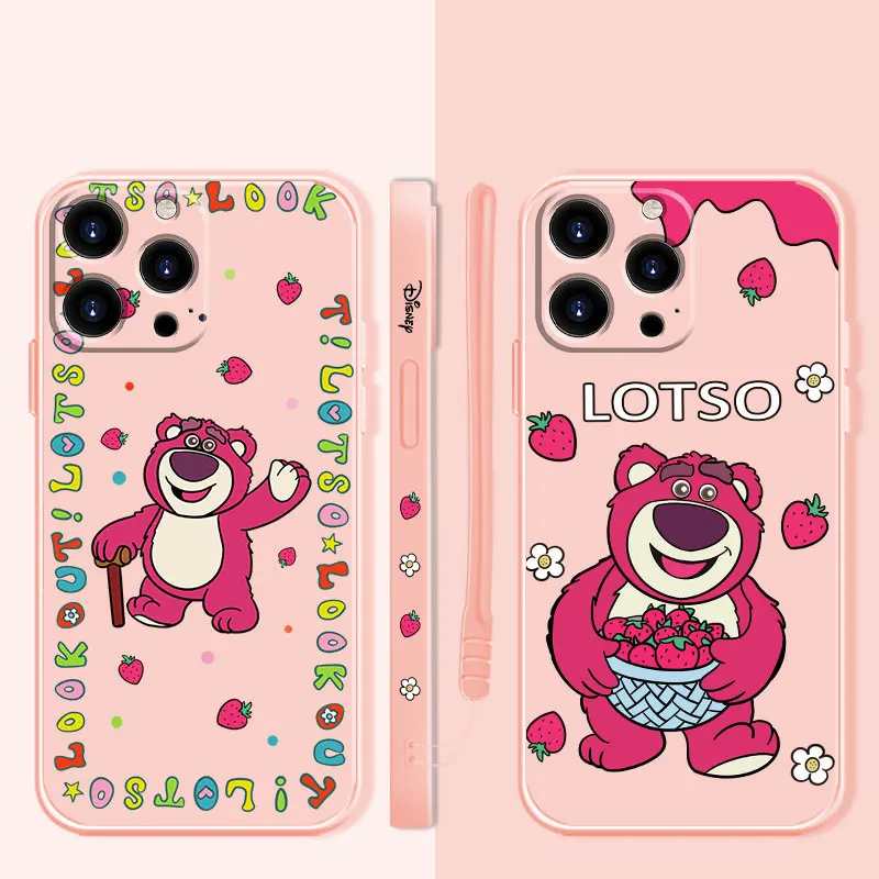 

Square Liquid Phone Case For Apple iPhone 14 13 12 11 Pro Max 13 12 Mini XS XR X 7 8 6 6S Plus Disney Red Strawberry Bear Lotso
