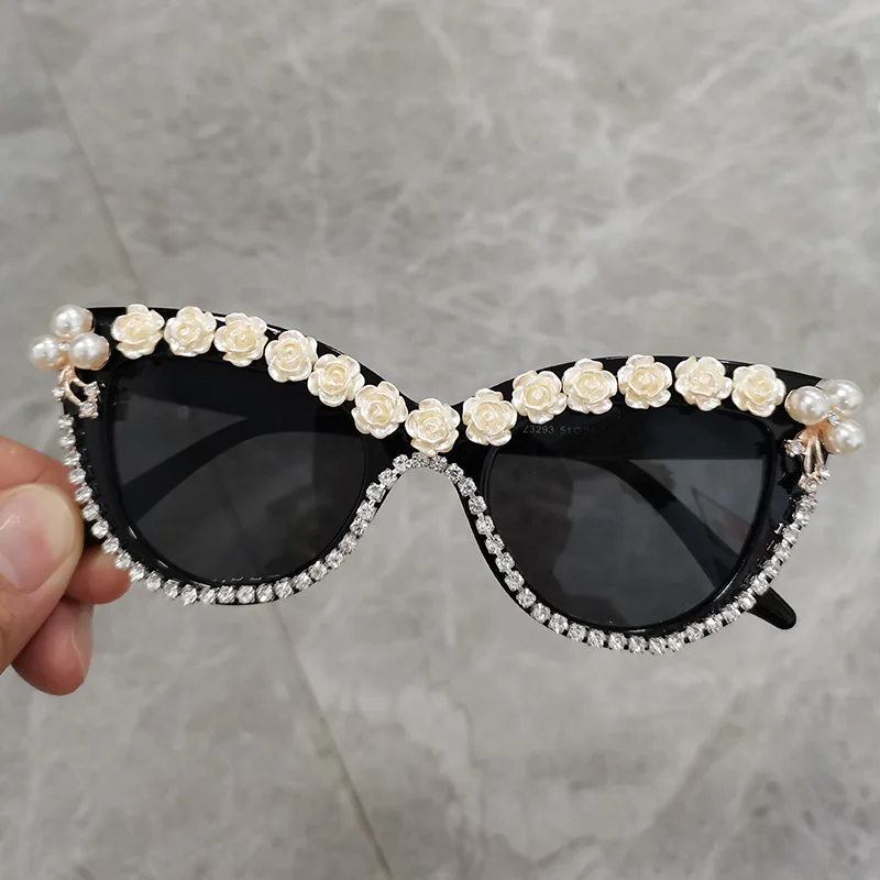 

Женские солнцезащитные очки «кошачий глаз» с цветочной отделкой, солнцезащитные очки с защитой UV400, солнцезащитные очки с защитой от УФ-луч...